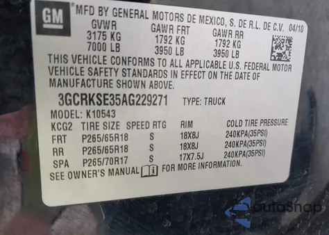 2010 Chevrolet Silverado 1500 Lt из США, поврежденный, VIN 3GCRKSE35AG229271